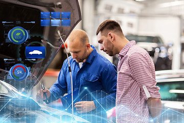 Image showing auto mechanic with clipboard and man at car shop