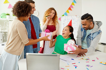 Image showing team greeting colleague at office birthday party