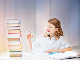 Image showing happy smiling student girl counting books