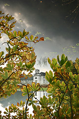 Image showing Church reflection Hørsholm Slotshave in autumn