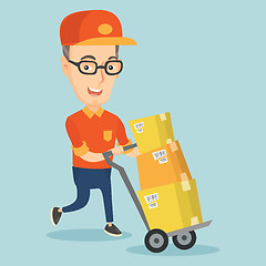 Image showing Delivery postman with cardboard boxes on trolley.