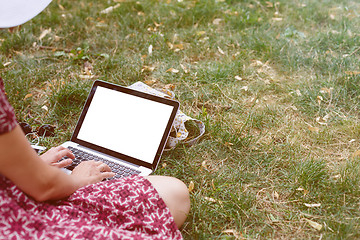 Image showing Crop top view of woman using laptop