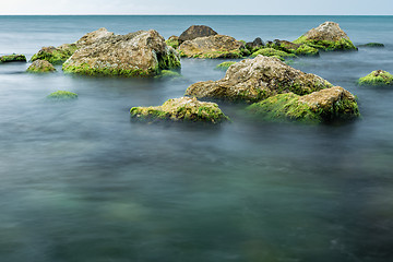 Image showing Long exposure of sea and rocks