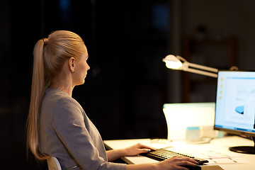 Image showing businesswoman at computer working at night office