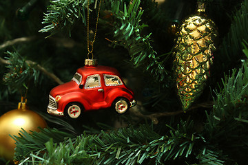 Image showing Red car, cone and ball on christmas tree