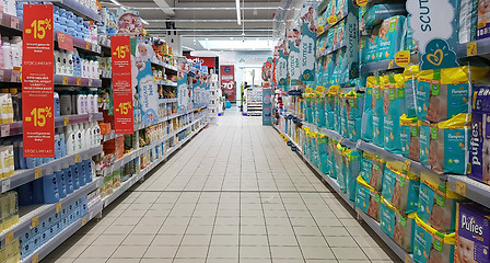 Image showing Diaper shelves in supermarket aisle