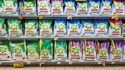 Image showing Laundry detergent line in a store shelf