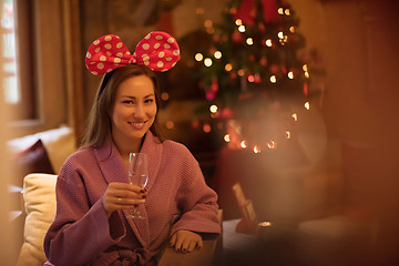 Image showing woman drinking champagne at spa