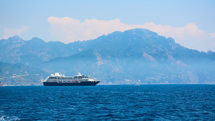 Image showing Cruise Ship came to Amalfi in Southern Italy. Aerial view