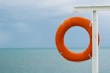 Image showing orange lifebuoy on the sea coast