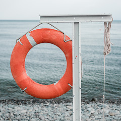 Image showing orange lifebuoy on the sea coast