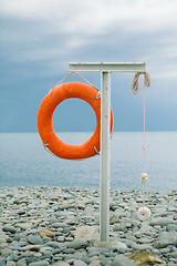 Image showing orange lifebuoy on the sea coast