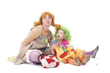 Image showing Big and little clown are making silly face