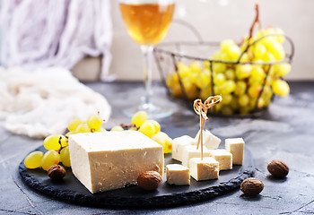 Image showing wine,grape and cheese