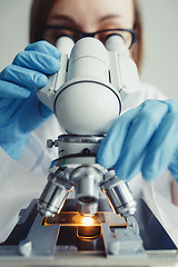 Image showing Close up of examining of test sample under the microscope