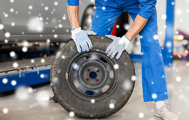 Image showing auto mechanic changing car tire at workshop