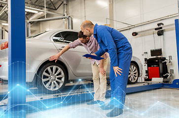 Image showing auto mechanic with clipboard and man at car shop