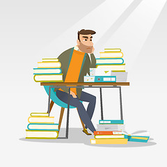 Image showing Student sitting at the table with piles of books.