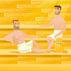 Image showing Caucasian men relaxing in sauna.