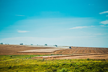 Image showing combine harvester on wheat field with  blue sky