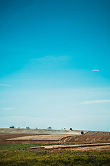 Image showing combine harvester on wheat field with  blue sky