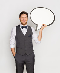 Image showing happy man in suit holding blank text bubble banner