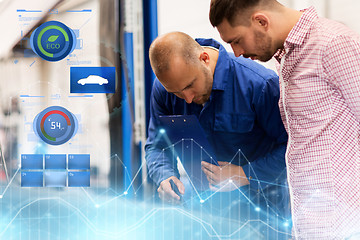 Image showing auto mechanic with clipboard and man at car shop