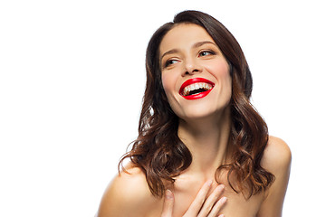 Image showing beautiful laughing young woman with red lipstick