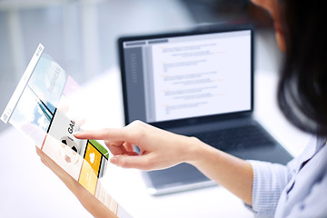 Image showing close up of businesswoman with cellphone at office