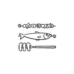 Image showing Skewer with shish kebab and fish vector line icon.