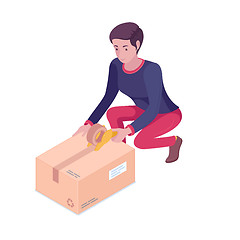 Image showing Young caucasian white woman packing cardboard box.