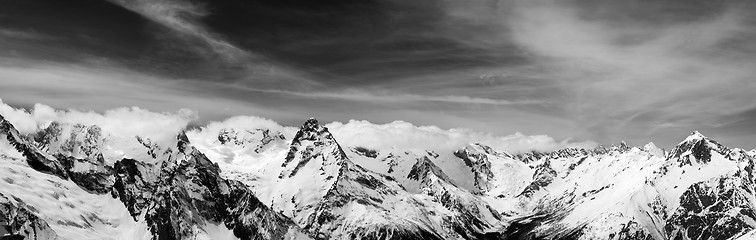 Image showing Black and white panorama of snow winter mountain