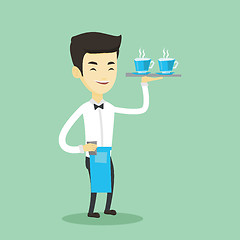 Image showing Waiter holding tray with cups of coffeee or tea.