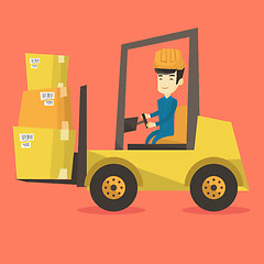 Image showing Warehouse worker moving load by forklift truck.