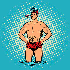 Image showing Retro diver lifeguard male in swimming trunks and mask