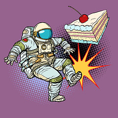 Image showing Astronaut kicks a piece of cake