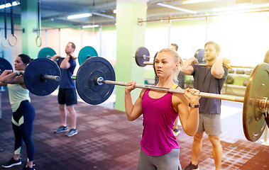 Image showing group of people training with barbells in gym