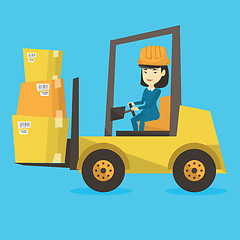 Image showing Warehouse worker moving load by forklift truck.