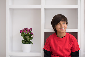 Image showing young boy posing on a shelf