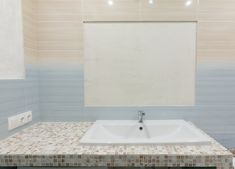 Image showing Newly mounted pedestal under the sink, on the tile is left a place under the mirror