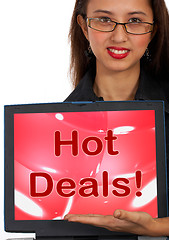 Image showing Hot Deals Computer Message Representing Discounts Online