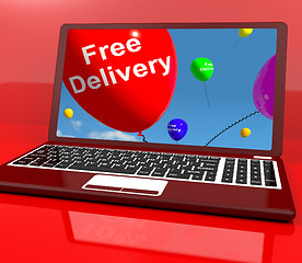 Image showing Free Delivery Balloons On Computer Showing No Charge Or Gratis T