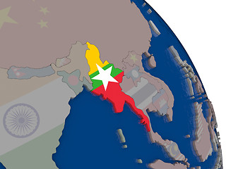 Image showing Myanmar with flag on globe