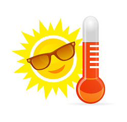 Image showing Cheerful, smiling cartoon sun in sunglasses next to the temperature thermometer