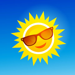 Image showing Cheerful, smiling cartoon sun in sunglasses on blue background.