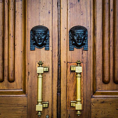 Image showing Sphinx heads entrance on wooden door