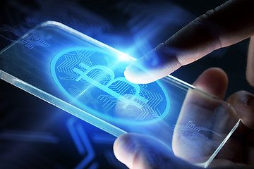 Image showing close up of hands with smartphone and bitcoin