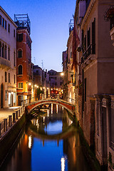 Image showing Canal view in Venice, Italy at blue hour before sunrise