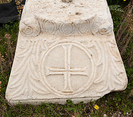 Image showing Marble plate with old christian symbols in ancient city Hierapolis