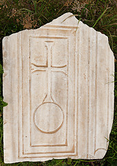 Image showing Marble plate with old christian symbols in ancient city Hierapolis